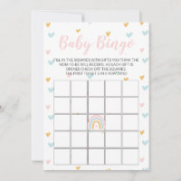 Pastel Rainbow and Hearts Baby Shower Bingo Card