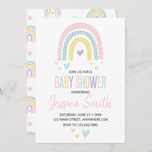 pastel rainbow and hearts baby shower invite (Front/Back)