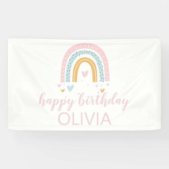 Pastel Rainbow and Hearts Birthday Banner (Horizontal)