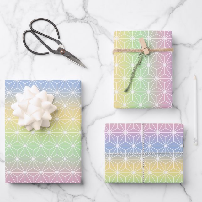 Pastel Rainbow Asanoha Geometric Pattern Wrapping Paper Sheet (Front)