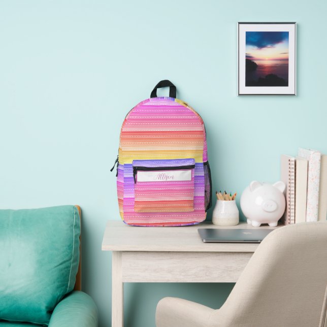 Pastel rainbow aztec pattern personalised printed backpack (Insitu)