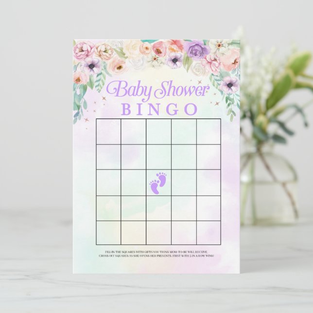 Pastel Rainbow Baby Shower Bingo Game Card (Standing Front)