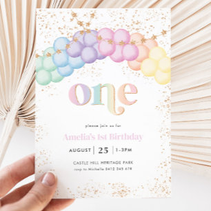 Pastel Rainbow Balloon Arch 1st Birthday Party Invitation