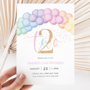 Pastel Rainbow Balloon Arch 2nd Birthday Party Invitation