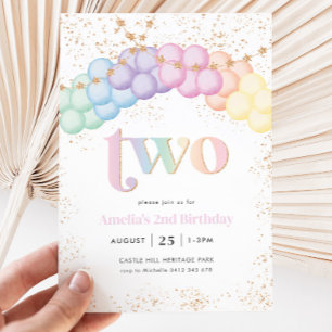 Pastel Rainbow Balloon Arch 2nd Birthday Party Invitation