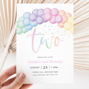 Pastel Rainbow Balloon Arch 2nd Birthday Party Invitation