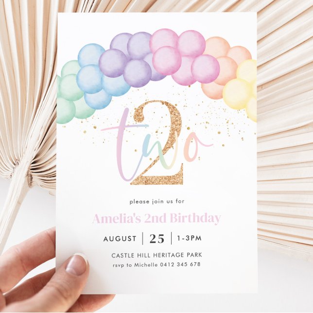 Pastel Rainbow Balloon Arch 2nd Birthday Party Invitation (Creator Uploaded)