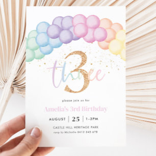 Pastel Rainbow Balloon Arch 3rd Birthday Party Invitation