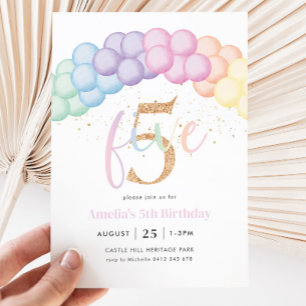 Pastel Rainbow Balloon Arch 5th Birthday Party Invitation