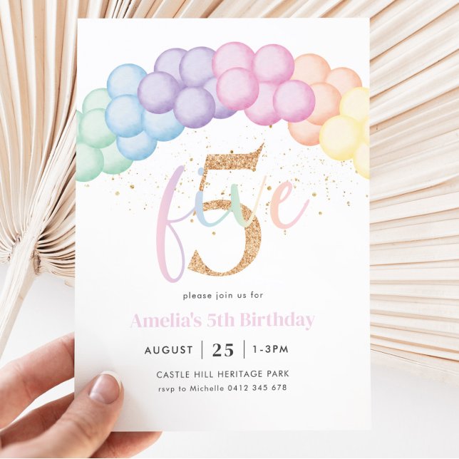 Pastel Rainbow Balloon Arch 5th Birthday Party Invitation (Creator Uploaded)