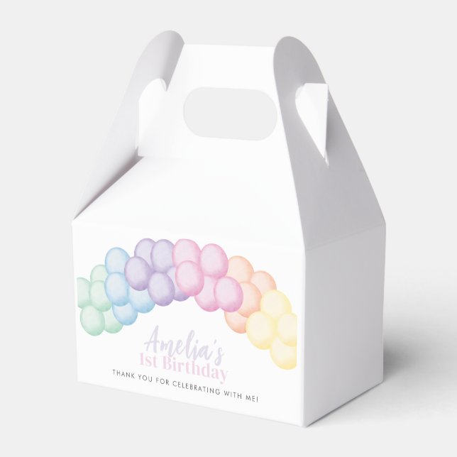 Pastel Rainbow Balloon Garland 1st Birthday Party Favour Box (Front Side)