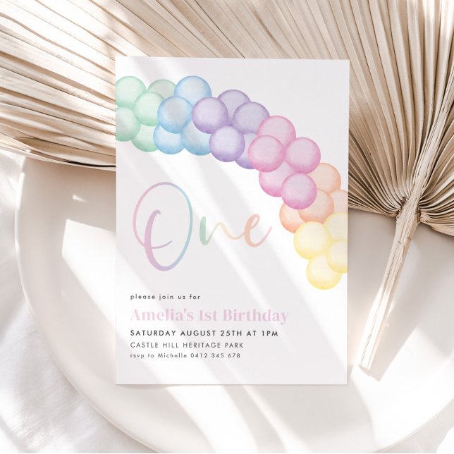 Pastel Rainbow Balloon Garland 1st Birthday Party Invitation (Creator Uploaded)