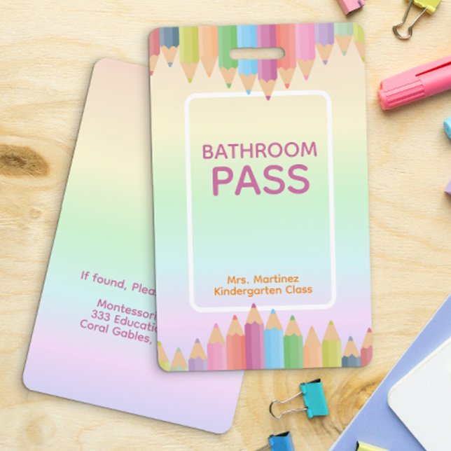 Pastel Rainbow Bathroom Pass Badge for Teachers ID Badge (Creator Uploaded)