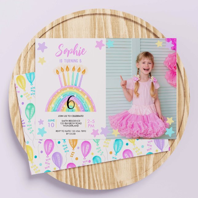 Pastel Rainbow Birthday Party Photo Invitation (Girls' Rainbow Cake Birthday Invitation)
