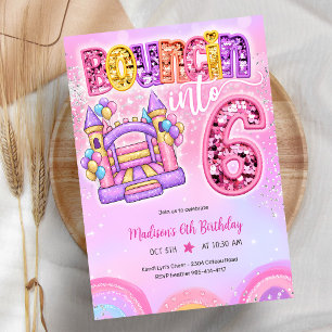 Pastel Rainbow Bounce House 6th Birthday Invitation