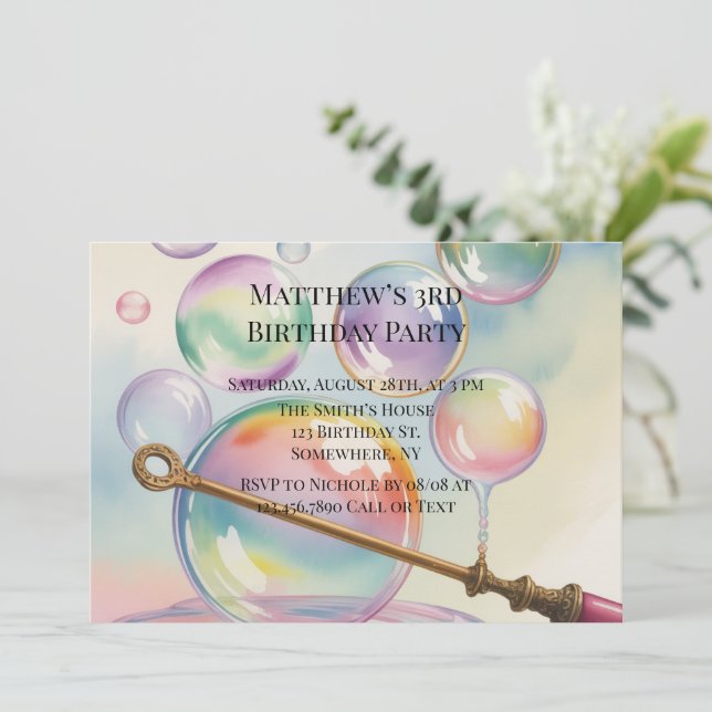 Pastel Rainbow Bubbles Age Birthday Party Invitation (Standing Front)