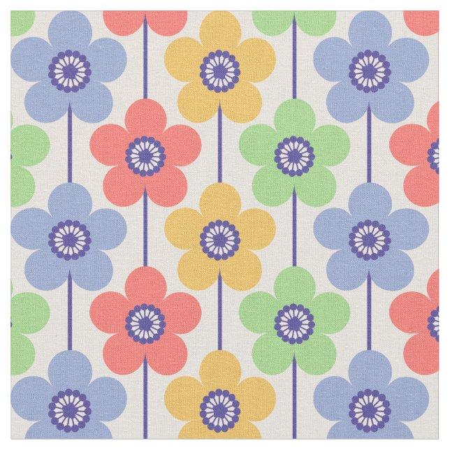 Pastel Rainbow Buttercup Geometric Flower Pattern  Fabric (Close Up)
