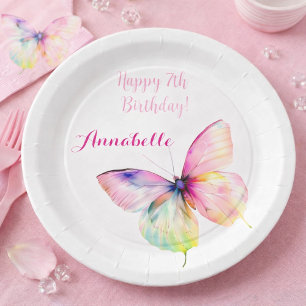Pastel Rainbow Butterfly 7th Birthday Party Paper Plate