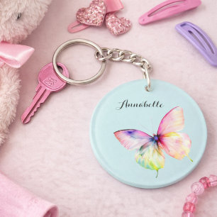 Pastel Rainbow Butterfly Name Design Soft Colours Key Ring