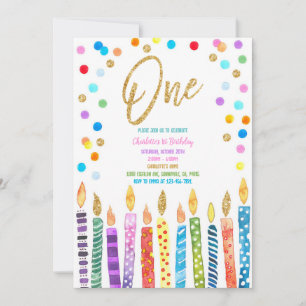 Pastel Rainbow Candle Confetti 1st Birthday Invitation