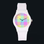 Pastel Rainbow Chequered Watch<br><div class="desc">This bright, colourful design has a lightly textured repeating checked / square pattern in a vivid rainbow of pastel colours. It's a stylish, vibrant, pretty plaid chequerboard pattern that looks like springtime. Enjoy it as-is or use it as a background for your text or photo. The watch numbers are white...</div>