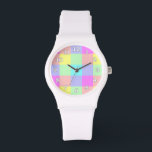 Pastel Rainbow Chequered Watch<br><div class="desc">This bright, colourful design has a lightly textured repeating checked / square pattern in a vivid rainbow of pastel colours. It's a stylish, vibrant, pretty plaid chequerboard pattern that looks like springtime. Enjoy it as-is or use it as a background for your text or photo. The watch numbers are white...</div>