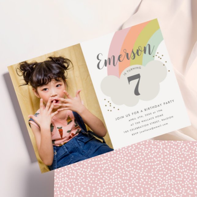 Pastel rainbow children's photo birthday party invitation (Kids Rainbow Photo Birthday Party Invitations.)