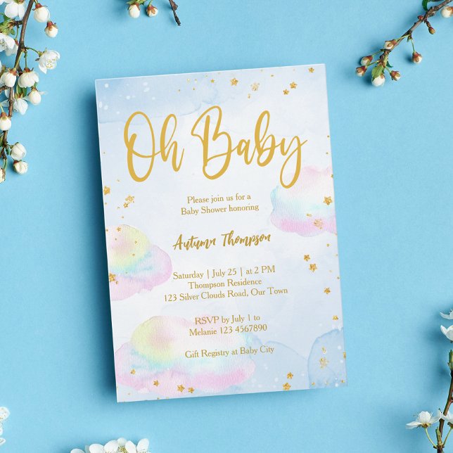 Pastel rainbow clouds glitter gold baby shower invitation (Creator Uploaded)