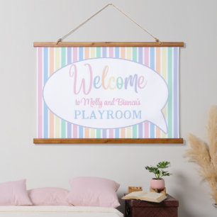 Pastel rainbow colour striped welcome kids playroo hanging tapestry
