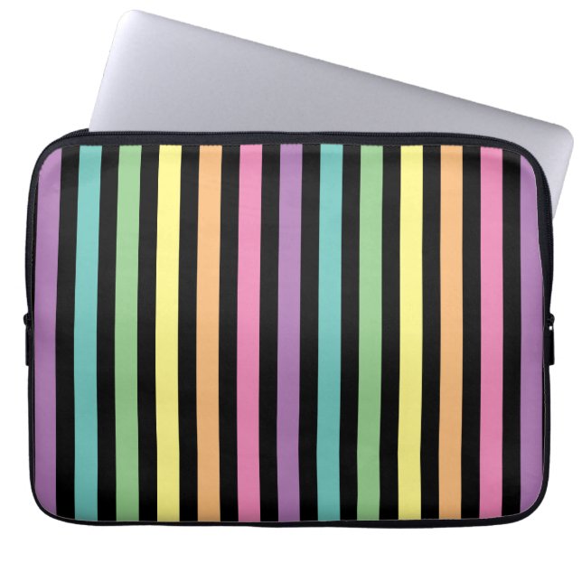 Pastel Rainbow-Coloured and Black Stripes Pattern Laptop Sleeve (Front)