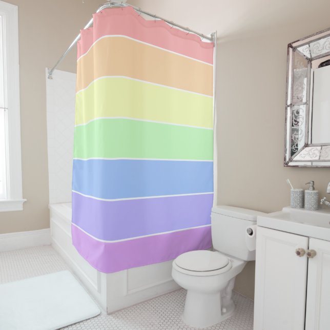 Pastel Rainbow Colourful Stripes Shower Curtain (In Situ)