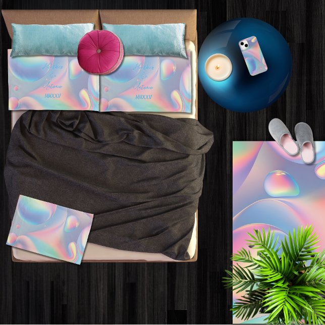 Pastel Rainbow Couple Name and Date Standard Size Pillowcase (Pastel abstract bubble art pillowcases with your names and date, or able to delete for image only)