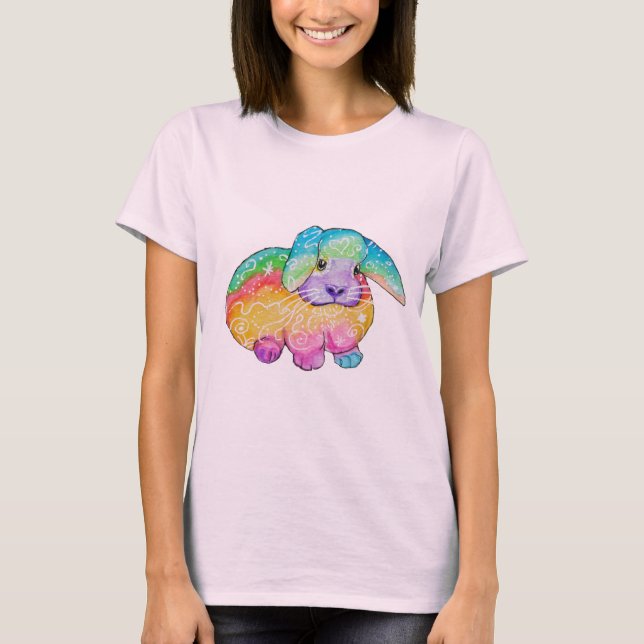 Pastel Rainbow Doodle Bunny Rabbit T-Shirt (Front)