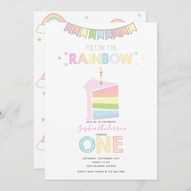 Pastel Rainbow First Birthday Party Invitation (Front/Back)