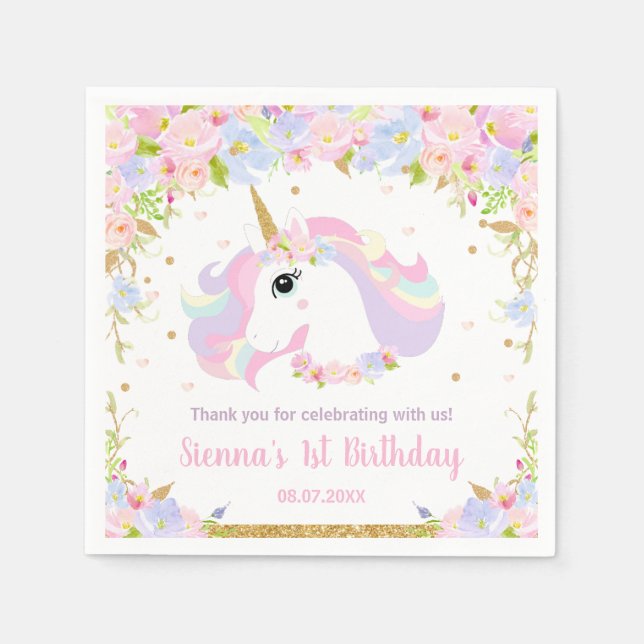 Pastel Rainbow Floral Cute Unicorn Birthday Party  Napkin (Front)