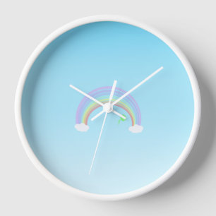 Pastel Rainbow floral on blue sky Clock