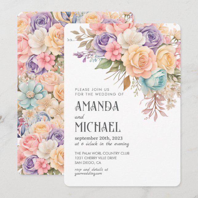 Pastel Rainbow Floral Romantic Wedding Invitation (Front/Back)