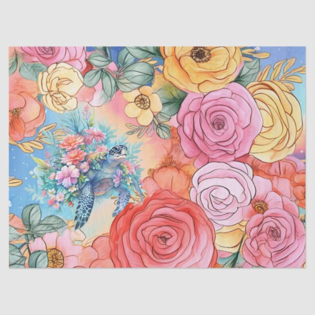 Pastel Rainbow Floral Sea Turtle Tissue Paper (Front)