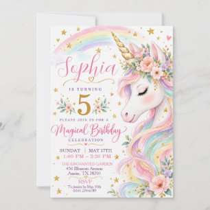 Pastel Rainbow Floral Unicorn Girl Birthday Invitation