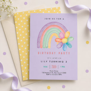 Pastel Rainbow Flower 3rd Birthday Invitation