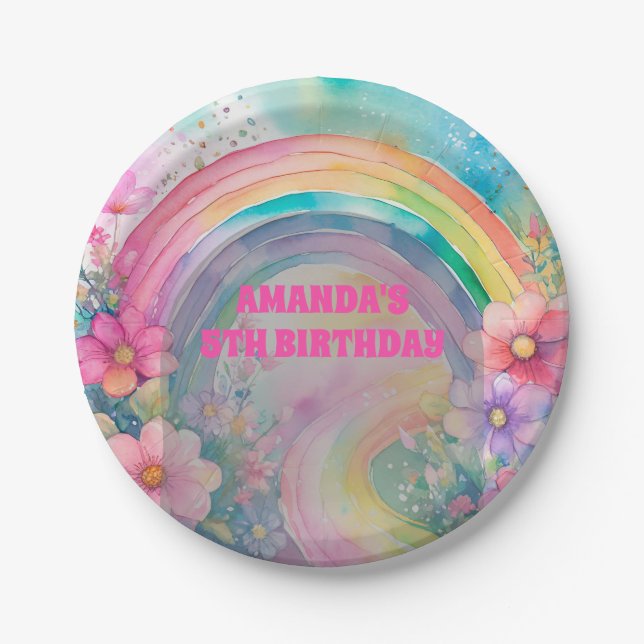 Pastel Rainbow Flowers Let's Party Retro Birthday Paper Plate (Front)