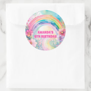 Pastel Rainbow Flowers Retro Birthday Classic Round Sticker