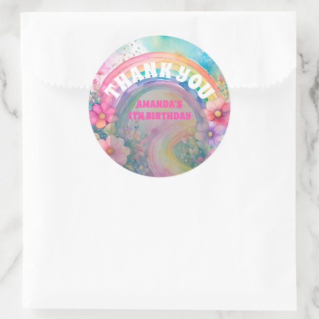 Pastel Rainbow Flowers Retro Birthday Thank You Classic Round Sticker (Bag)