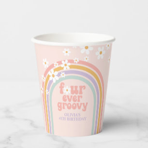 Pastel rainbow four ever groovy 4th birthday paper cups