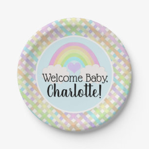 Pastel Rainbow Gingham Welcome Baby Shower Paper Plate