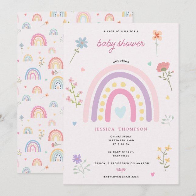 Pastel Rainbow Girl Wildflowers Hearts Baby Shower Invitation (Front/Back)