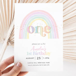 Pastel Rainbow Girls 1st Birthday Party Invitation