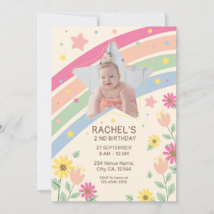Pastel Rainbow Girl's Photo Cute Birthday Party Invitation
