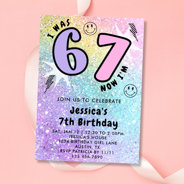 Pastel Rainbow Glitter 6 7 Girl Birthday Party  Invitation (Creator Uploaded)