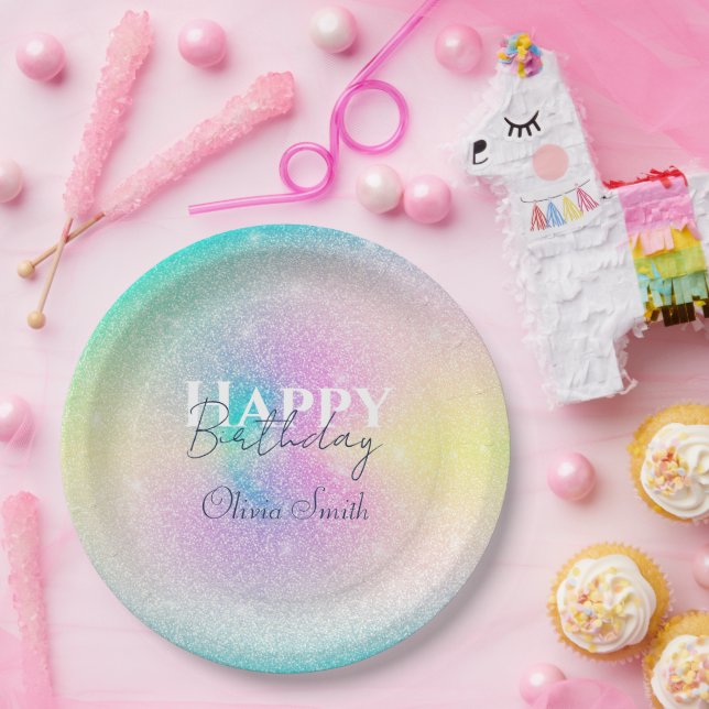 Pastel Rainbow Glitter Gradient Paper Plate (Party)